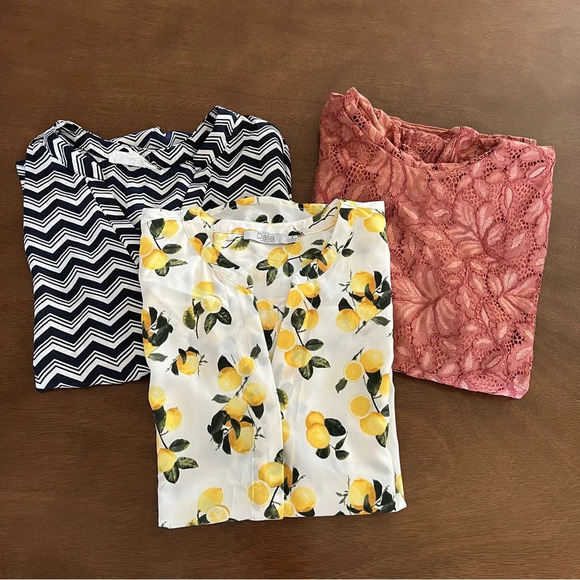Lot of 3 Women’s Blouse Top Shirts sz M Lemon Dahlia Chevron Pink Rose Lace H&M - Picture 1 of 7